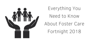 Illustration of two hands holding stick figures of a family with two adults and two children. Text on the right reads, Everything You Need to Know About Foster Care Fortnight 2018.