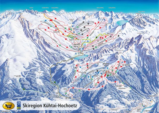 A ski map of the Kühtai-Hochoetz region, showing a network of ski trails marked in various colors across mountainous terrain. The map includes lifts, stations, and elevation details, with snow-capped peaks in the background.