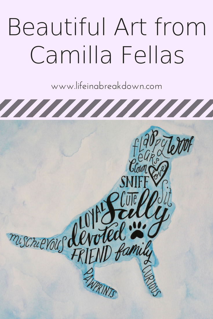 Silhouette of a dog filled with words like loyal, devoted, family, and mischievous in various fonts. The background is a watercolor wash of blue and white. Text above reads, Beautiful Art from Camilla Fellas.
