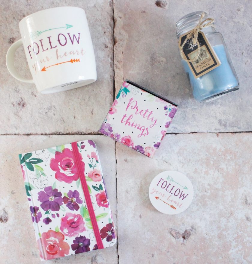 Complete content of box - Follow Your Heart Mug and Magnet, Floral Notebook, Candle and Pretty Things Keepsake Box
