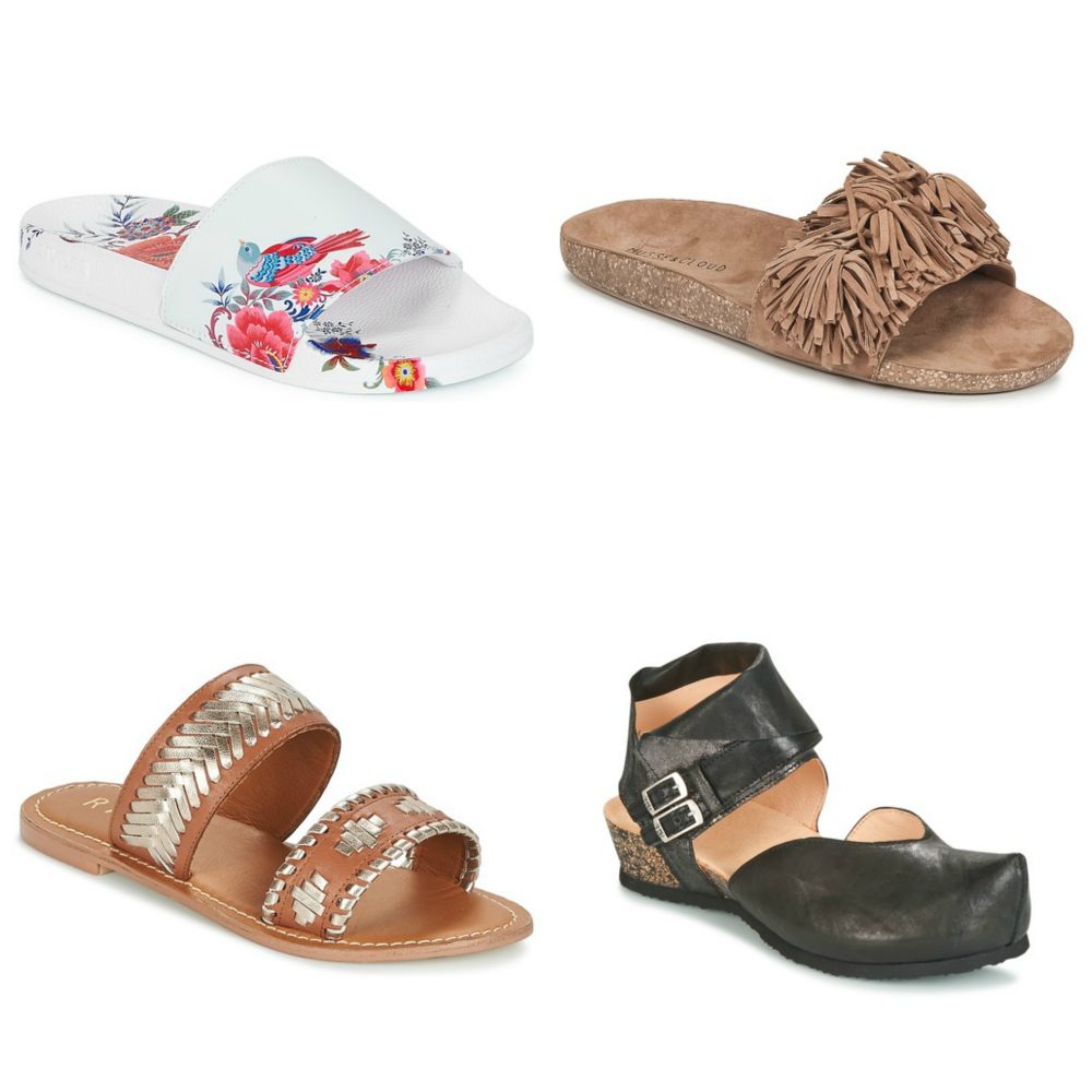Four types of sandals: white floral slide, beige fringe slide on cork sole, woven tan and white flat, and black leather with ankle strap and buckles.