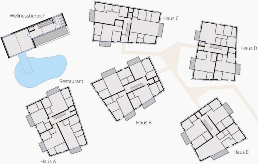 Diagram of a building layout with six labeled sections: Haus A, B, C, D, E, and a central Wellnessbereich. A pool is adjacent to the Wellnessbereich, and a Restaurant is nearby. Pathways connect the sections.