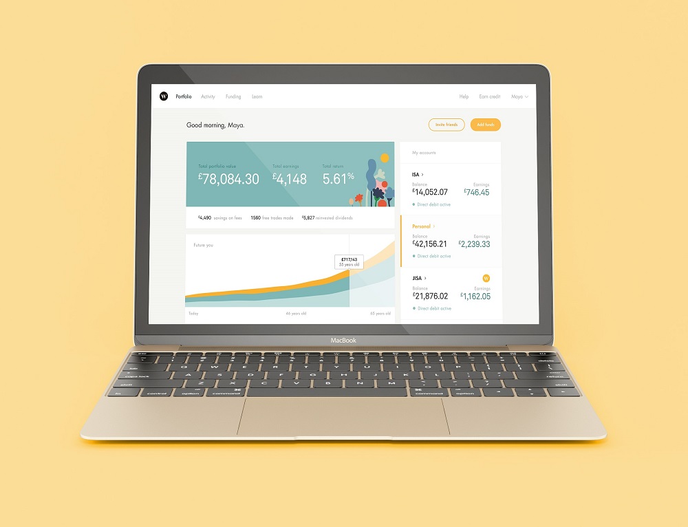 A laptop displaying a financial dashboard with graphs and statistics on the screen. The background is a solid light yellow. The dashboard shows monetary values and percentage changes, indicating financial data analysis.