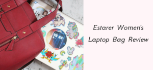 A red laptop bag rests on a laptop covered with colorful stickers, including a TARDIS, unicorns, and rainbows. Text on the right reads, Estarer Womens Laptop Bag Review on a light pink background.