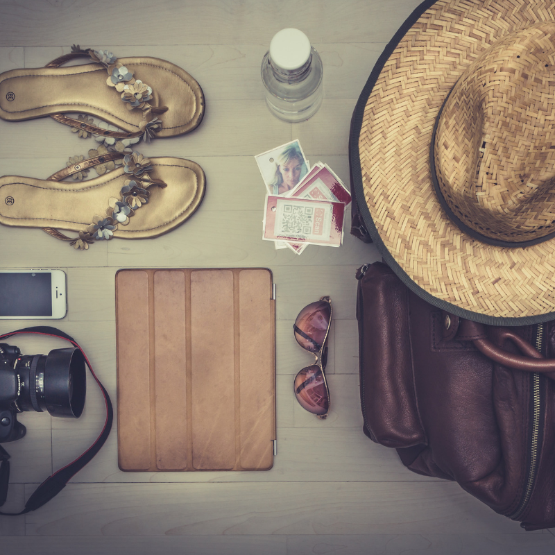 Hat, Camera, Flip Flops Sunglasses - ready to Travel
