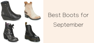 Four different boots are displayed against a white background: a black wedge boot, a beige low-heel boot, a black lace-up combat boot, and a patterned black heeled boot. Text on the right reads, Best Boots for September.
