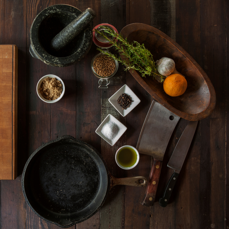 Selection of Kitchen Accessories and ingredients such as spices herbs and salt