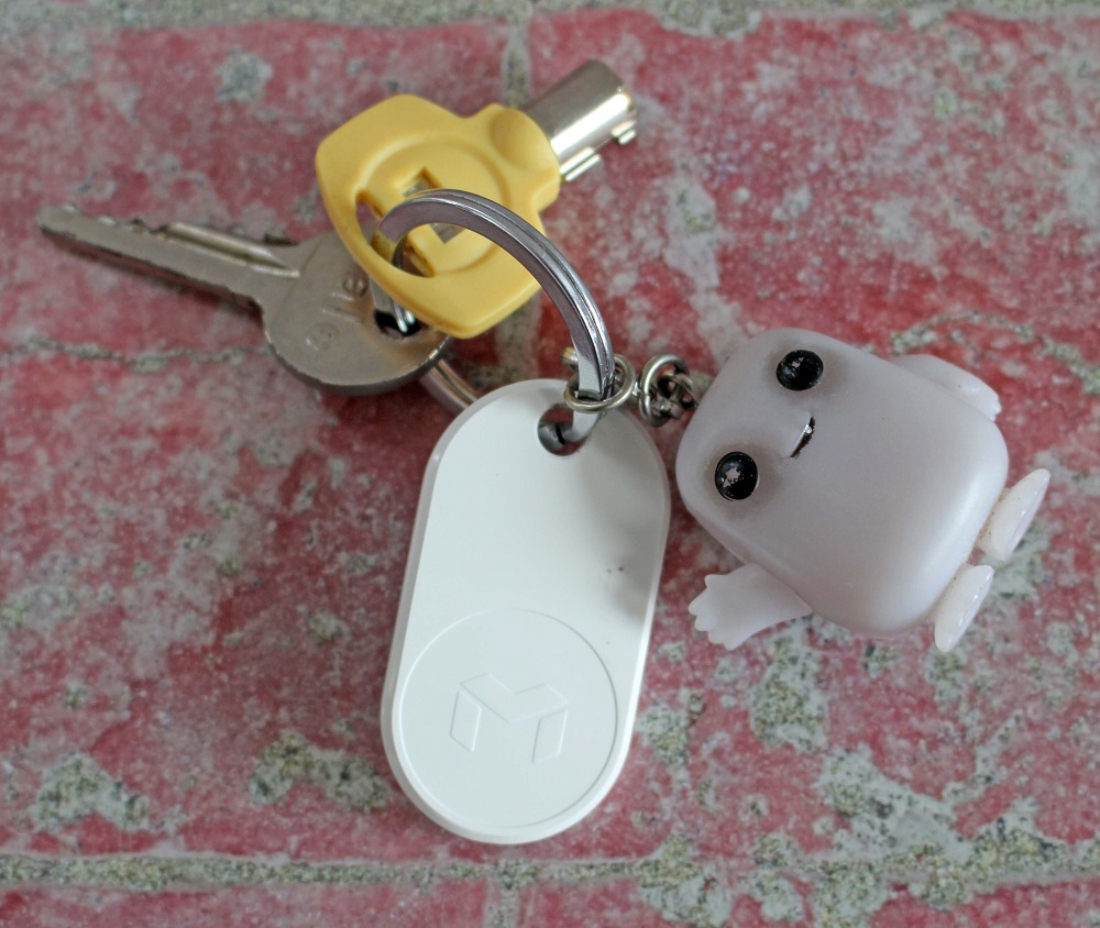 MYNT ES Tracker attached to a set of keys with an adipose keyring