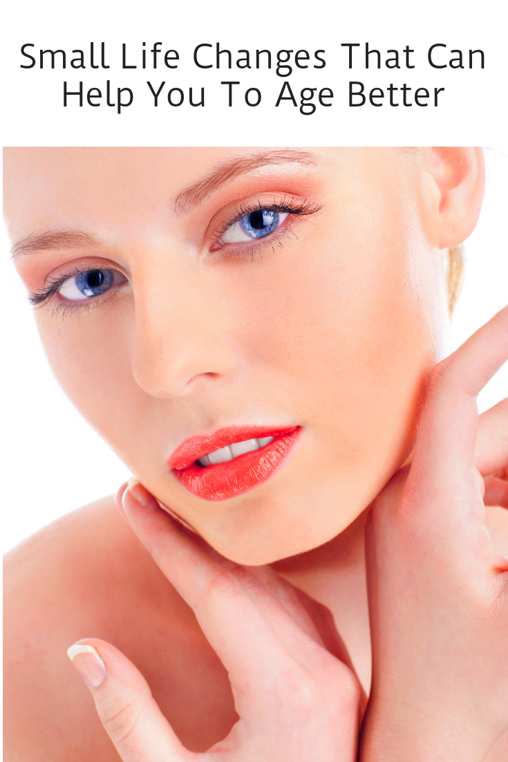 Close-up of a person with light skin gazing at the camera, touching their neck and cheek. They have red lipstick and light blue eyes. Text at the top says, Small Life Changes That Can Help You To Age Better.