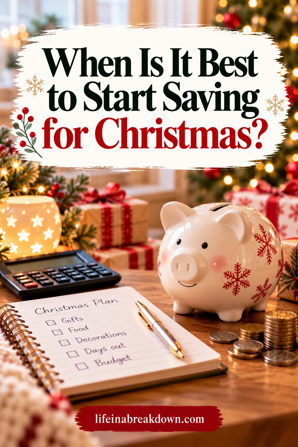 A piggy bank and a notepad with a Christmas Plan checklist rest on a table surrounded by festive decorations, positioned under text asking when it is best to start saving for Christmas.