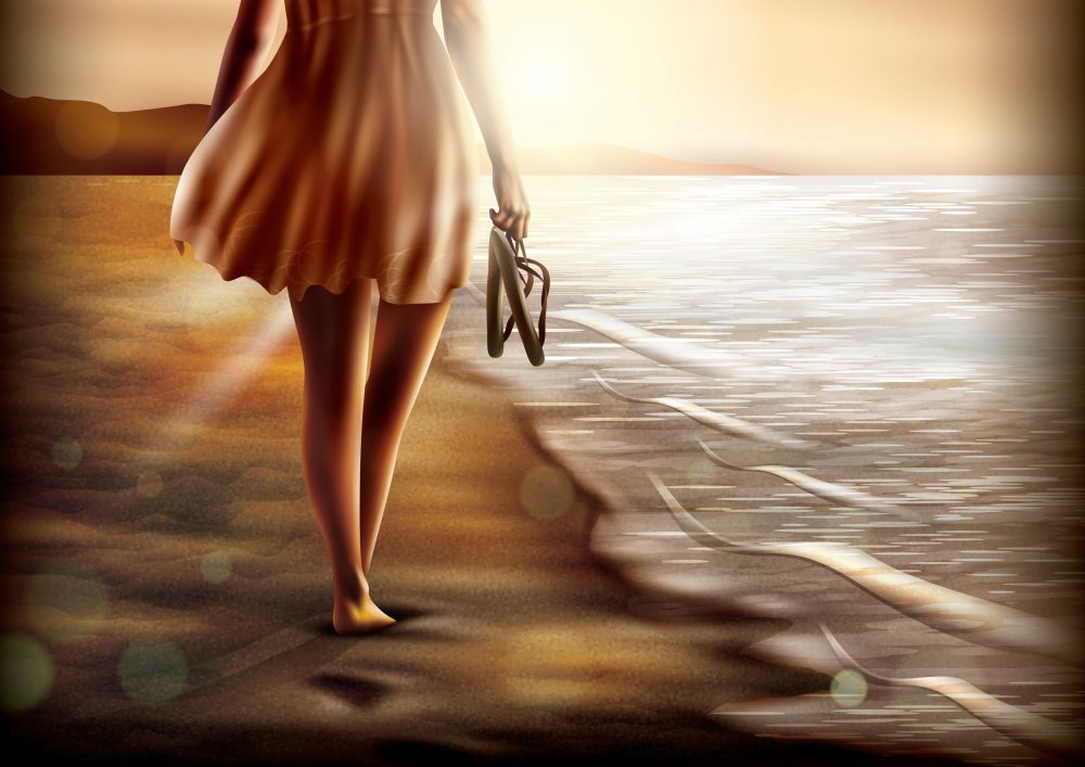 Vector of a lady walking along the shore, shoes in hand
