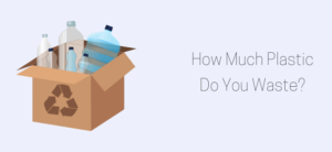 A cardboard box with a recycling symbol contains various plastic bottles. The text on the right reads, How Much Plastic Do You Waste? The background is light gray.