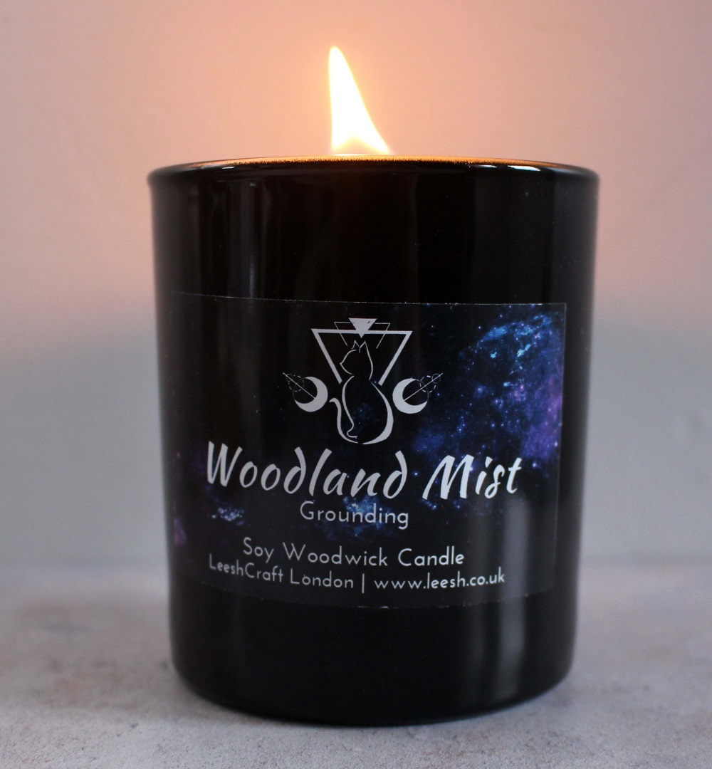 LeeshCraft London Candles Woodland Mist Rituals Collection Picture of the candle alight.