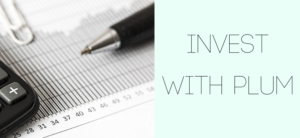 Close-up of a calculator, pen, and graph with the text INVEST WITH PLUM SAVINGS beside them on a light background.