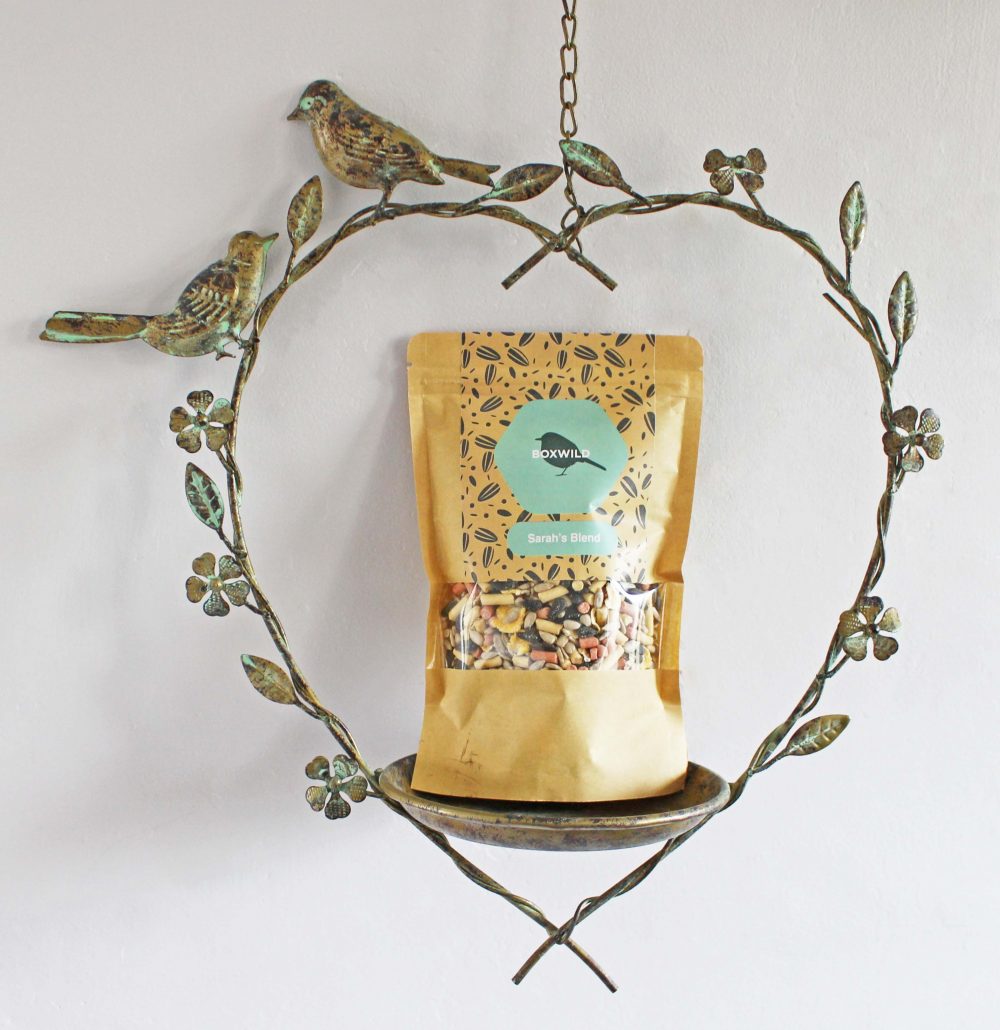 Heart Bird Feeder Gift Set - heart feeder with a packet of sarah's blend sat on it