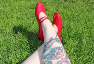 Mod Shoes Prudence in Red - Being Worn in the Garden