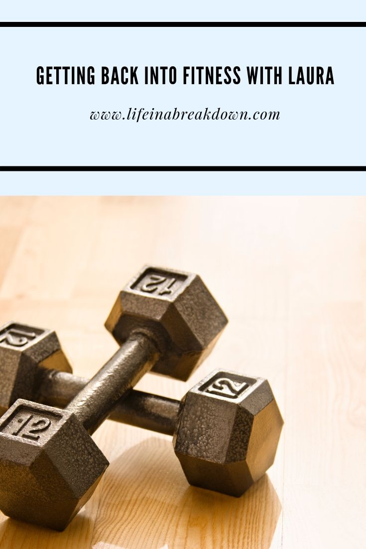 Two black hexagonal dumbbells rest on a wooden floor. Above them is text that reads Getting Back into Fitness with Laura with a website link, www.lifeinabreakdown.com.