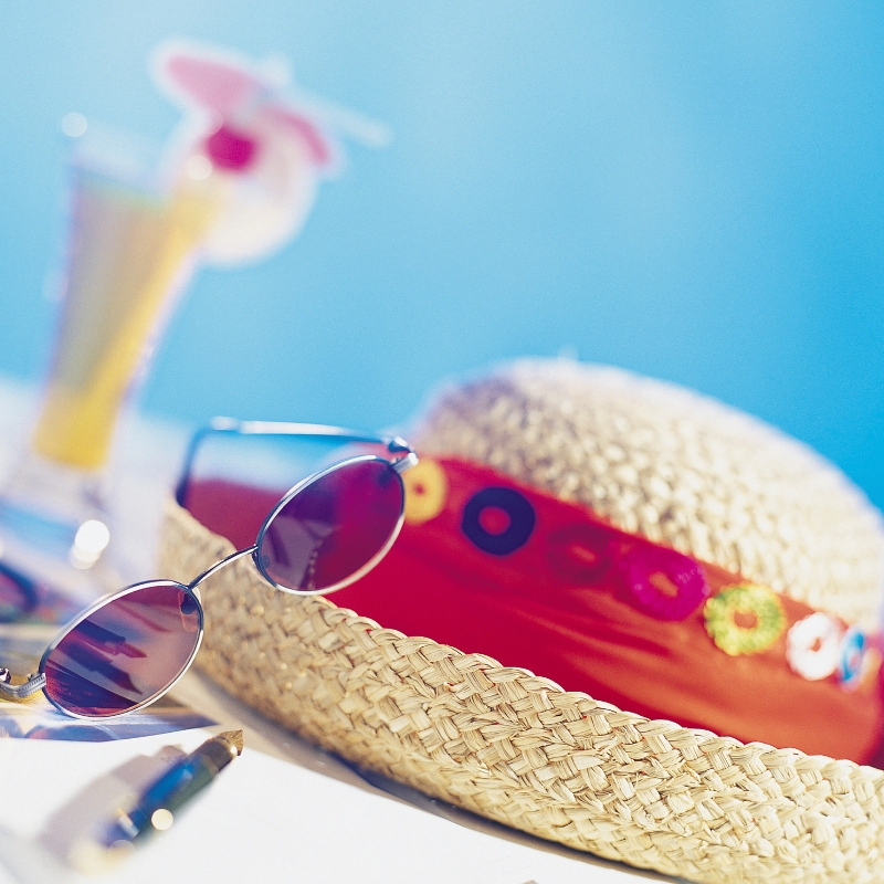 holiday items such as a hat and sunglasses