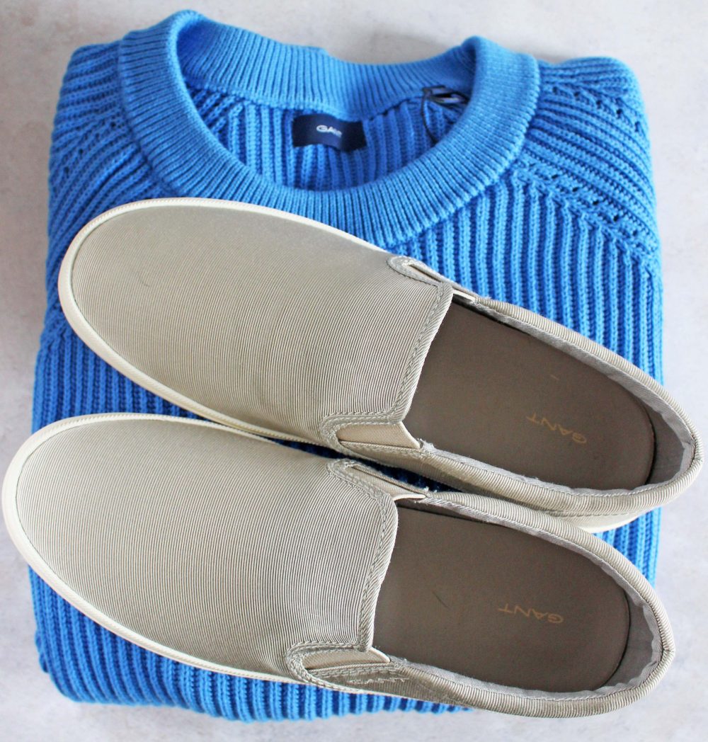 GANT Zoee Slip-on Plimsoles in Silver and GANT Comfy Ribbed Crew Sweater in Palace Blue