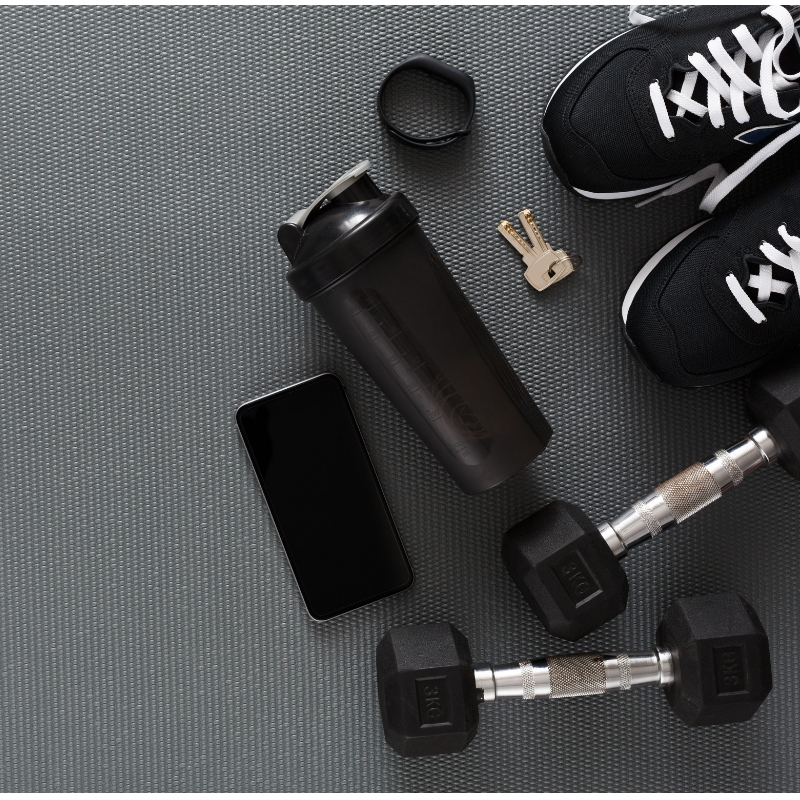 gym equipment such as shoes weights and keys