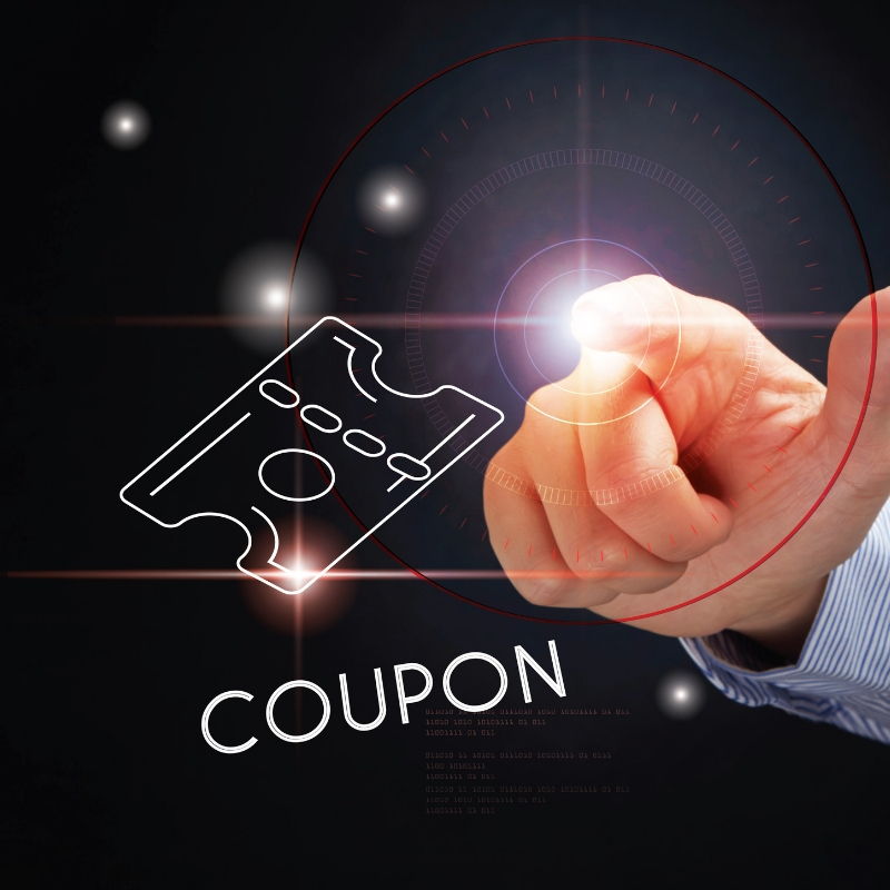 main pointing at a ticket which says coupon under it