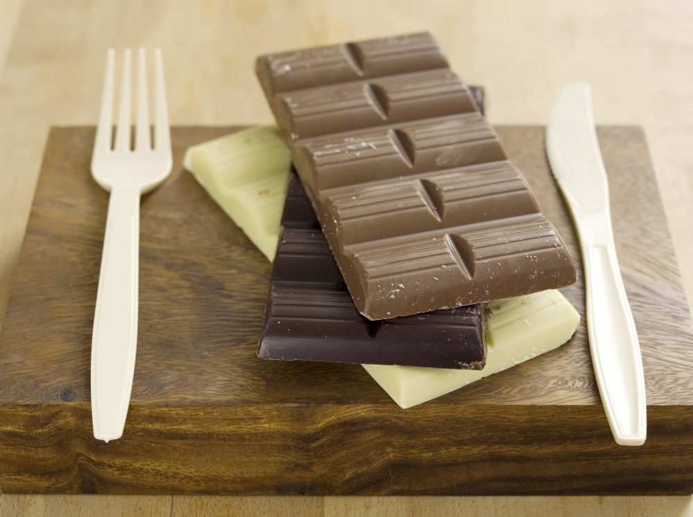 milk, dark and white chocolate