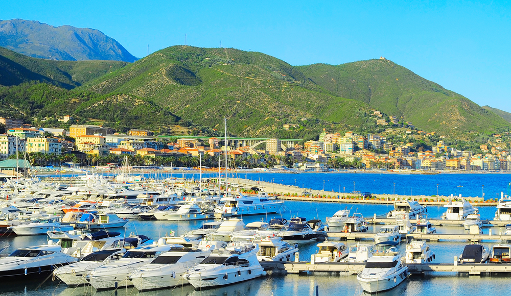 View of luxury yacht moored in harbor. French Rivera, Cote d Azur