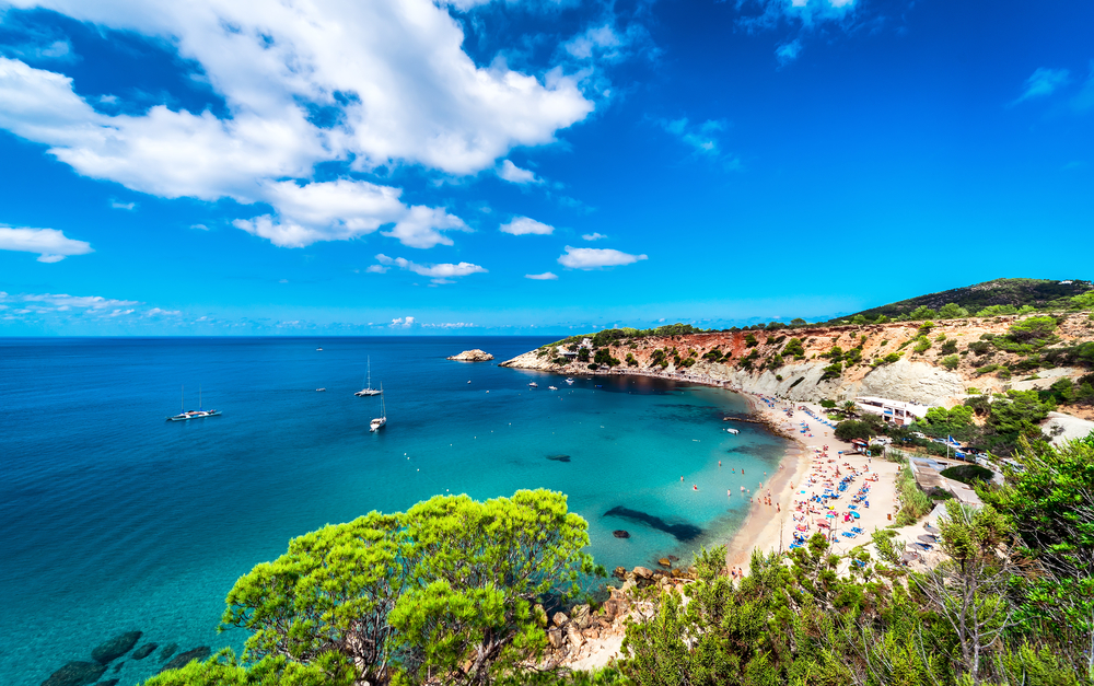 Picturesque Cala d'Hort beach. Cala D’Hort, one of Ibiza’s most magical and laidback beaches. Balearic Islands. Spain