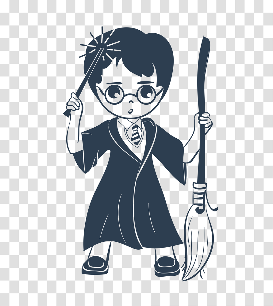 icon of a wizard boy with a magic wand and a broom . silhouette icon in the linear style