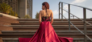 lady in a red prom dress