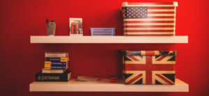 shelving on a red wall