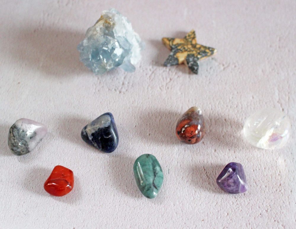 Crystal and Gemstones from MaomiCrafts jasper star, tumble stones and piece of celestine from above tumbles to the front from above