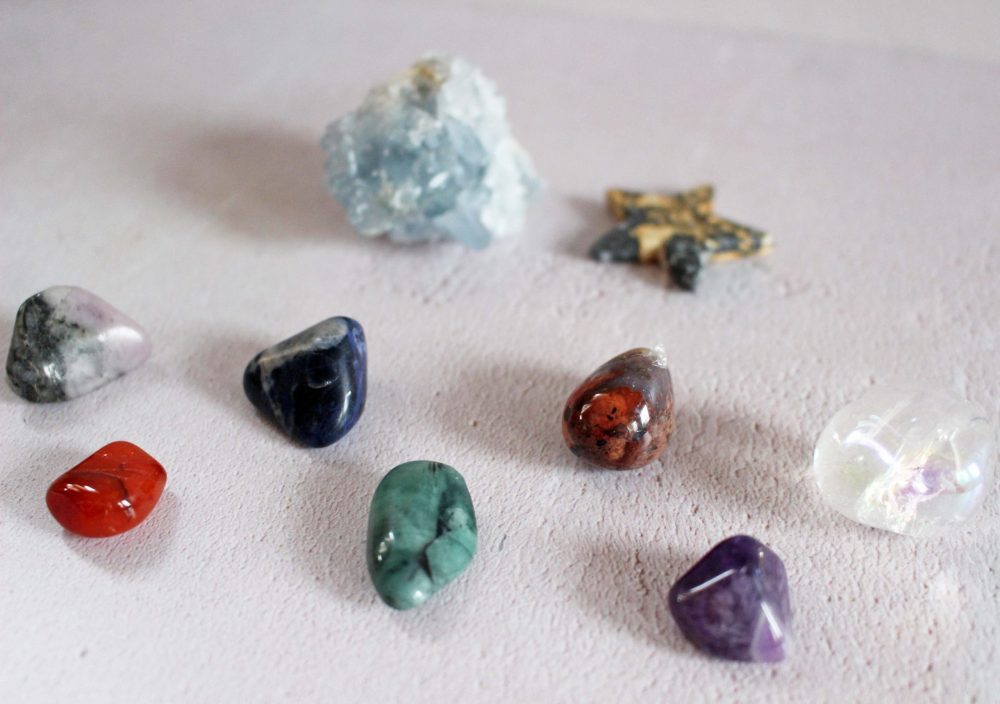 Crystal and Gemstones from MaomiCrafts jasper star, tumble stones and piece of celestine from above tumbles to the forefront