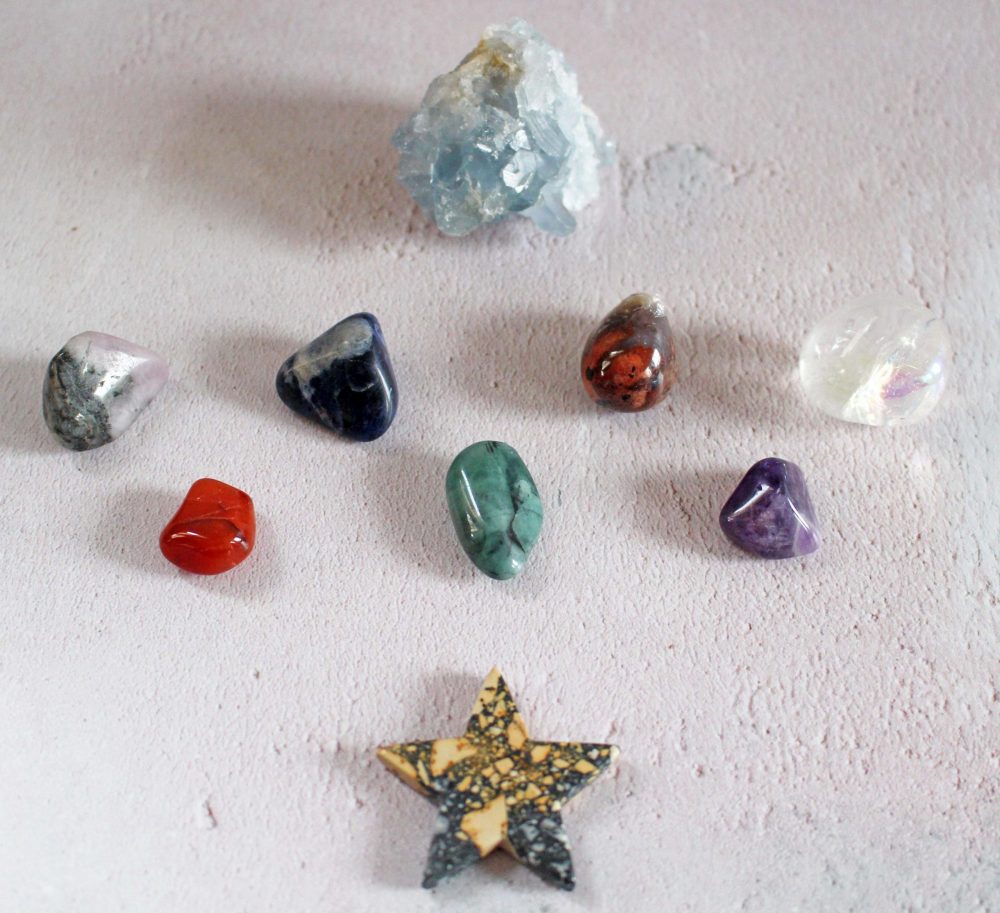 Crystal and Gemstones from MaomiCrafts jasper star, tumble stones and piece of celestine from above