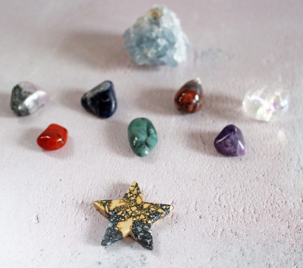Crystal and Gemstones from MaomiCrafts jasper star, tumble stones and piece of celestine