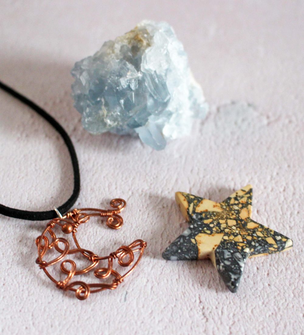 Crystal and Gemstones from MaomiCrafts jasper star, piece of celestine and copper wire jewellery