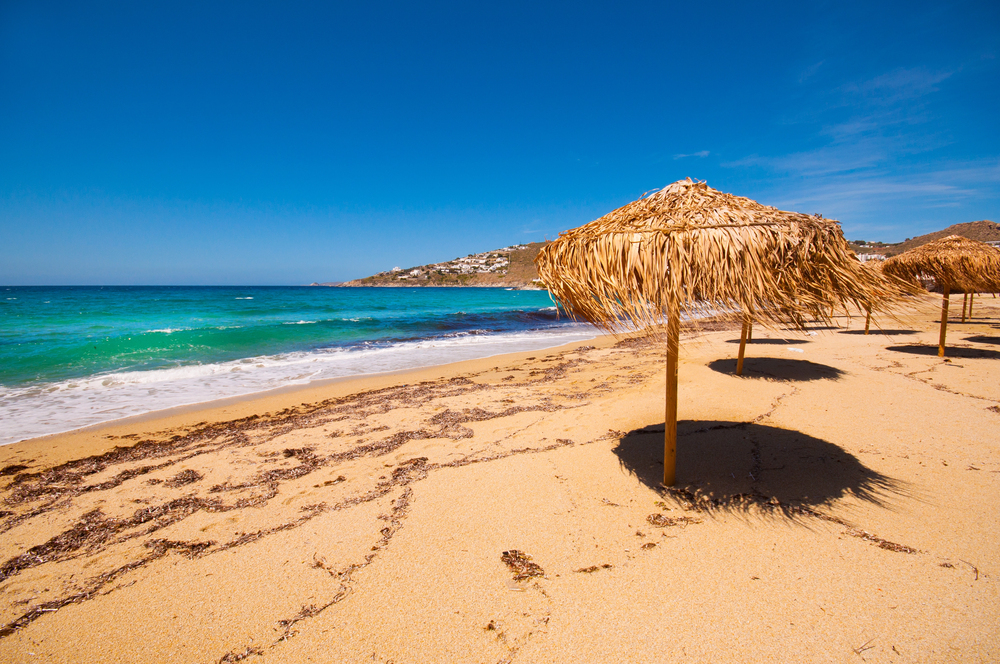 A row of thatched straw parasols on a sandy beach overlooking the turquoise sea.