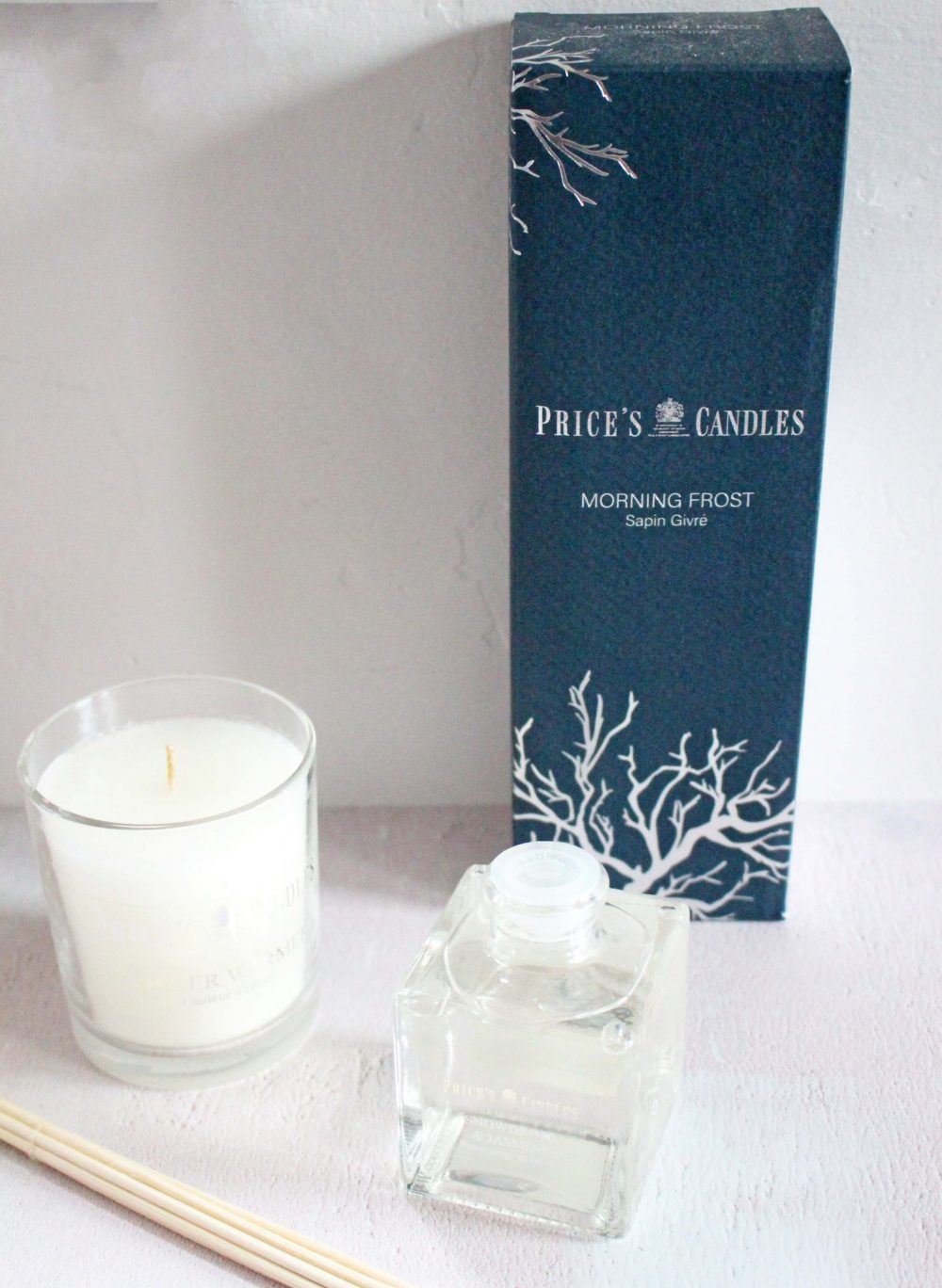 Price's Candles winter collection candle and reed diffuser out of box and one reed diffuser box.