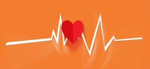 Illustration of a red heart with a white heartbeat line going through it on an orange background, symbolizing health and vitality.