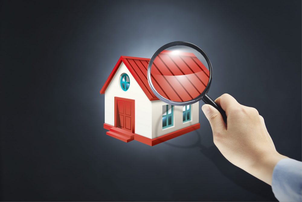 vector of a person holding a magnifying glass over a roof