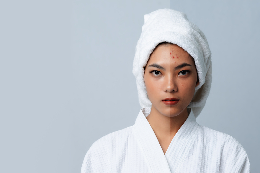 Comparison Portrait of Beautiful Asian woman. Dark spots and new skin, Before - After skin care and clean concept, Beauty treatment process of aging for rejuvenation.