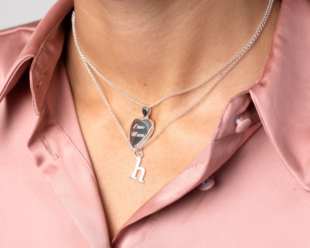 Engraved Heart Locket layered necklace with letter charm necklace