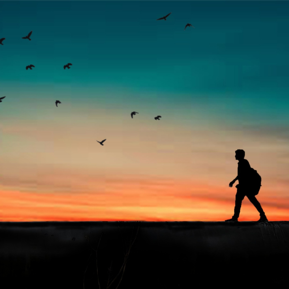 person walking against a beautiful sunset