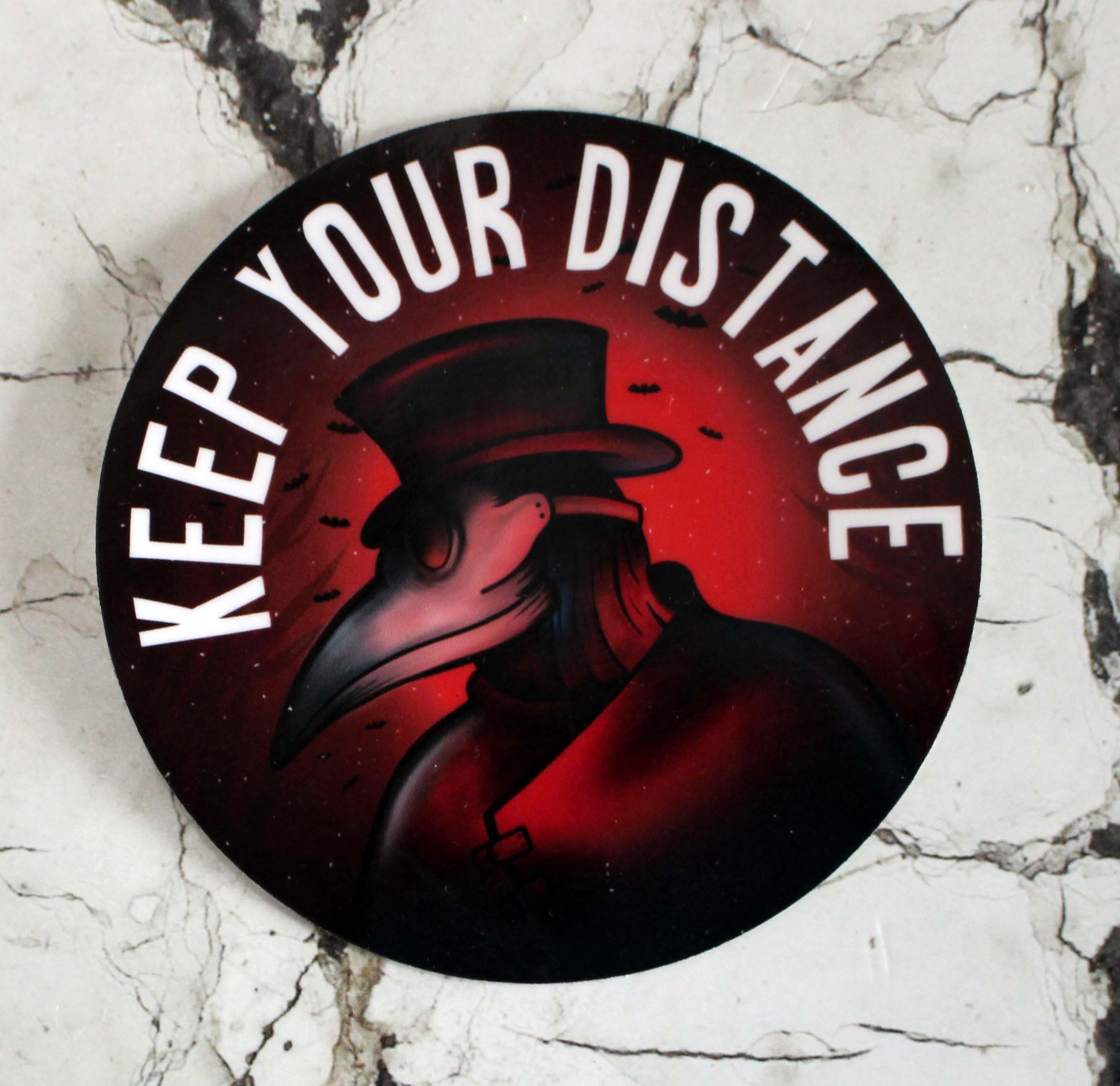 Keep Your Distance Plague Doctor Sticker copyright Violet Moth Shop on Etsy