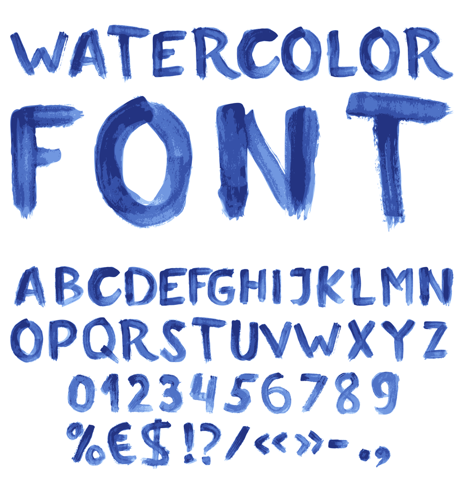 Handwritten blue watercolor alphabet with numbers and symbols. Vector