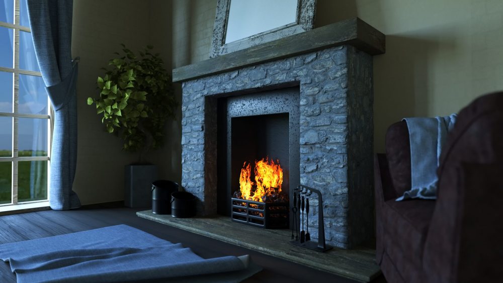 3D render of a lounge interior with roaring fire in fireplace