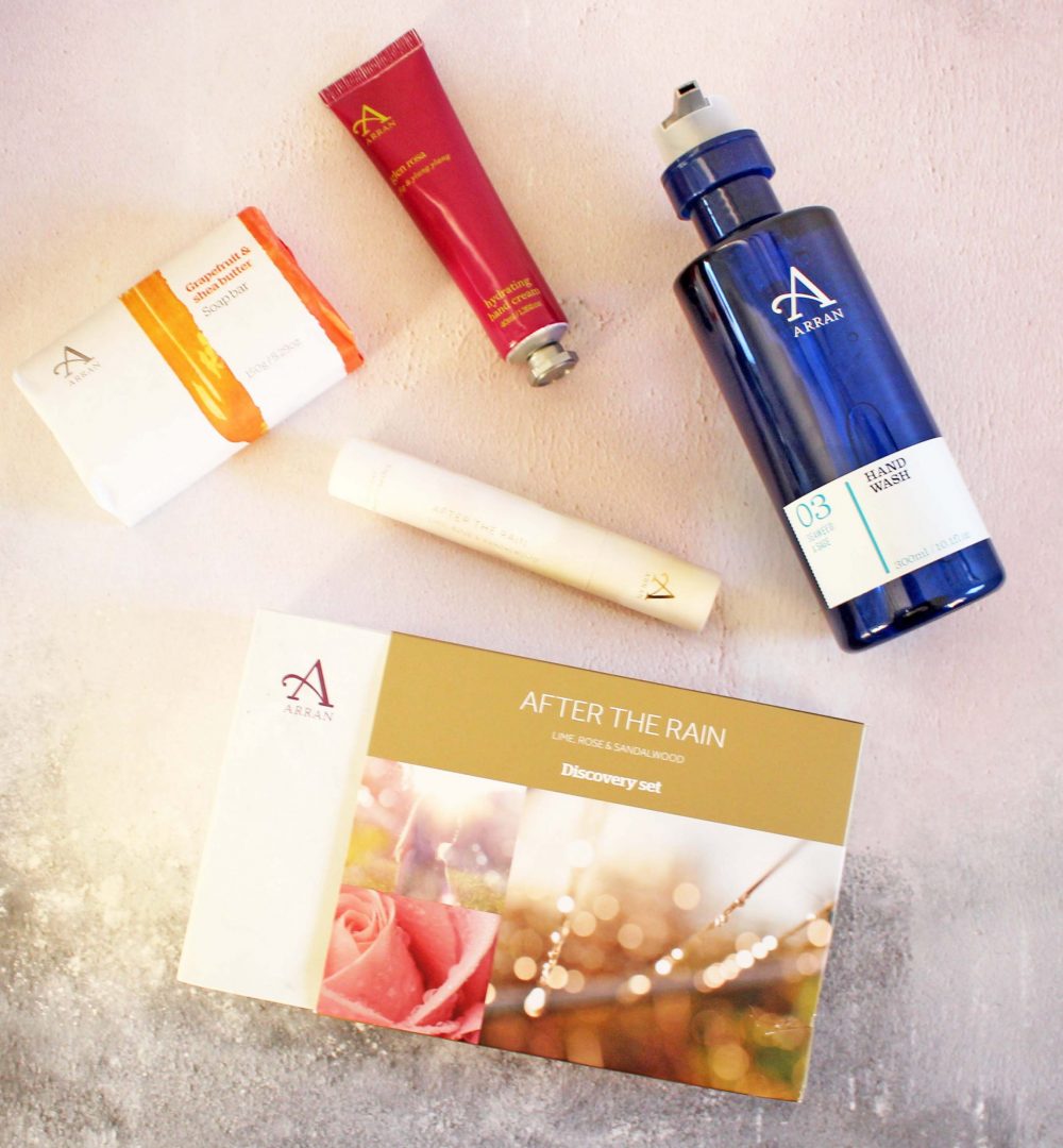 Arran Sense of Scotland collection of items in a flatlay format including after the rain discovery set