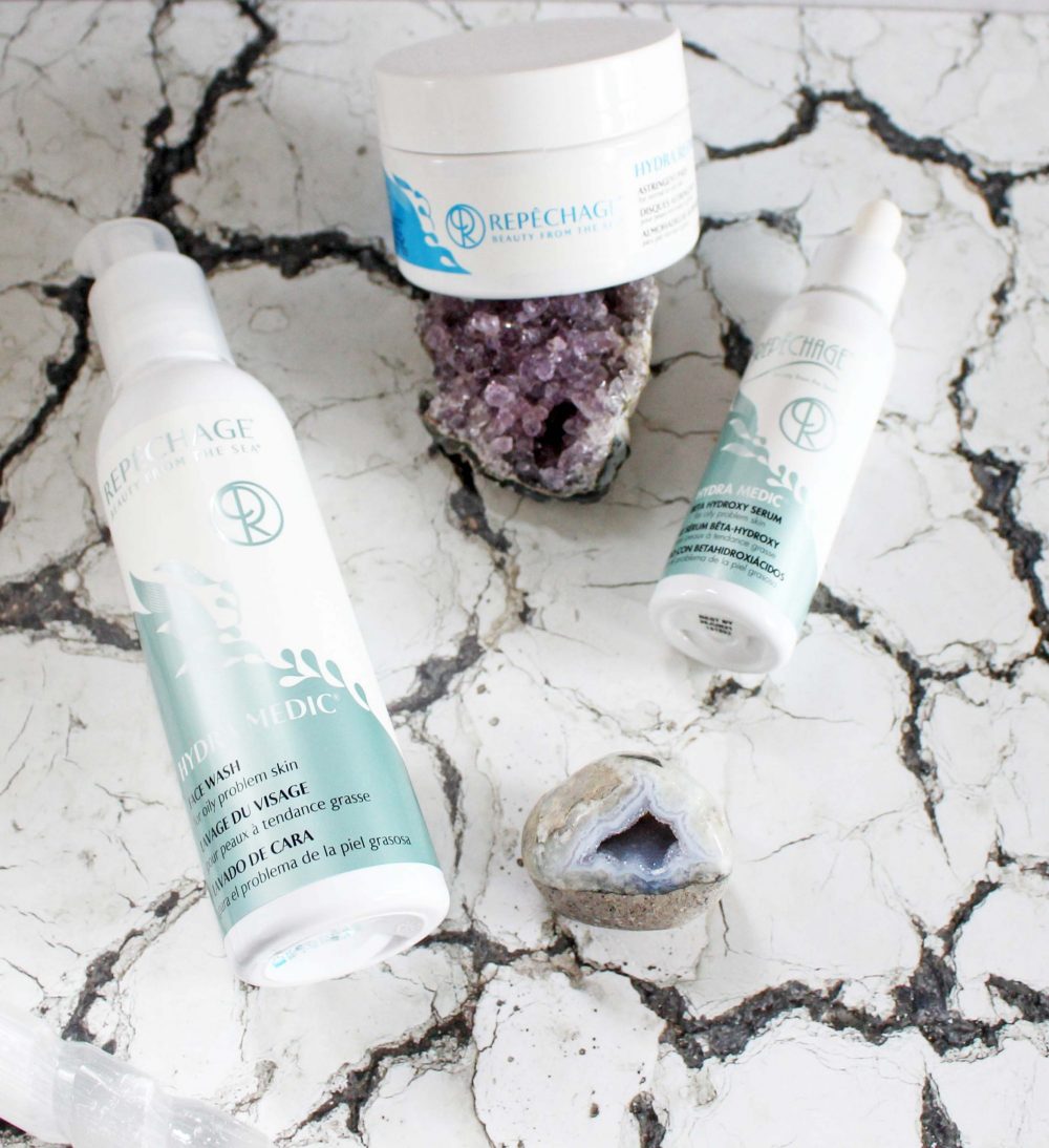 Repechage Hydra Medic Face Wash For Oily Problem Skin Hydra Refine Astringent Pads Hydra Medic Beta Hydroxy Serum Products in a flat lay style