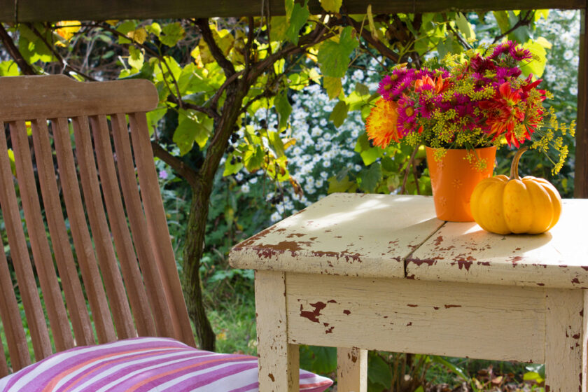A rustic wooden chair with a striped cushion sits beside a weathered table holding an orange flower pot with colorful flowers and a small yellow pumpkin, set outdoors with greenery in the background.