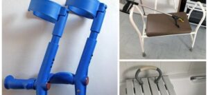 A collage of living aids: a pair of blue crutches on the left, a white metal shower chair with a brown seat and grabber tool on the top right, and a shower bench with a gray handle on the bottom right.